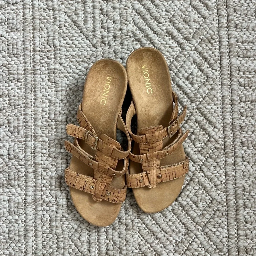 Vionic Cork Wedge Sandals Tan Multi Strap Buckle Gladiator Orthotic Slides 9